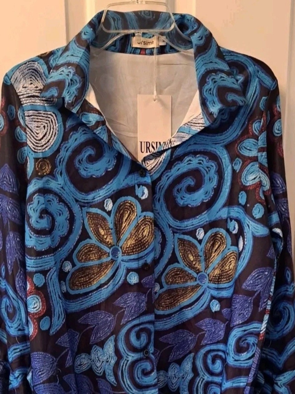 Ursime Blouse Blue Vibrant Patterned Indie Size M Womens Swirl Ruffles Statement